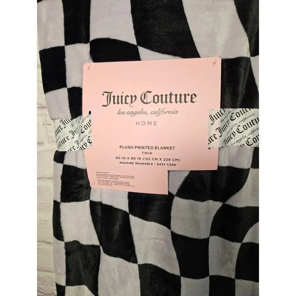 Juicy Couture Plush Printed Twin Blanket NWT Black Checkered‎ Logo Soft